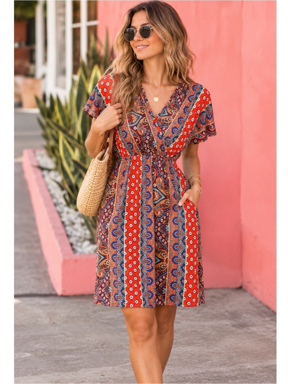 HAPTICS Sunset Orange Boho Print V Neck Short Sleeve Dress Mini Summer Festival